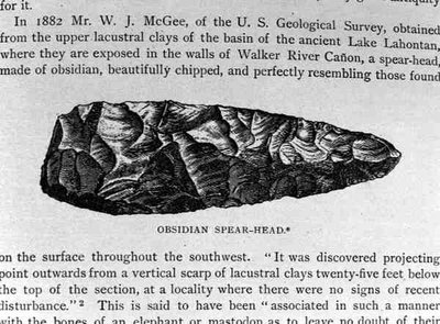 Obsidiaan Speerpunt, gevonden in de Lahontan Sedimenten, uit Verhalende en Kritische Geschiedenis van Amerika, gepubliceerd in 1889 door English School